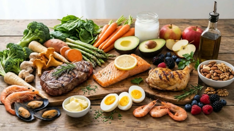 Ett bord med artegen mat: kött, lax, kyckling, ägg, skaldjur, grönsaker, bär, nötter och olivolja på ett träbord