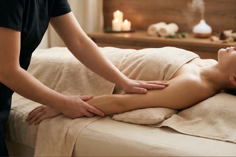 Ingela masserar en kunds arm, kunden ligger på rygg under en handduk på en massagebänk