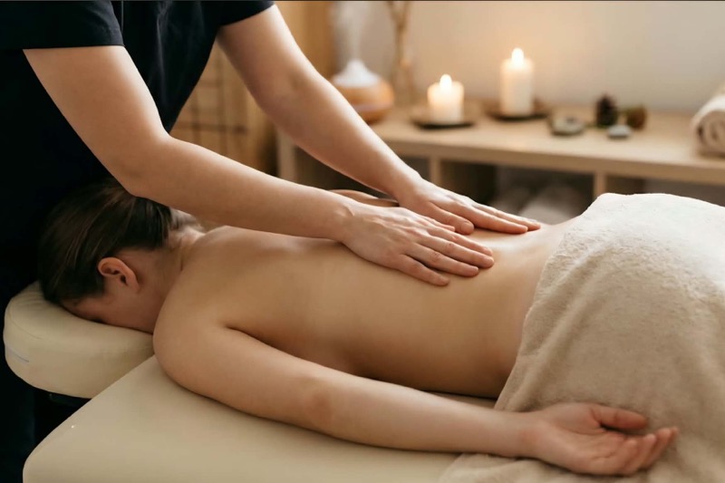 Två händer vilar mot ryggen på en kund som ligger på mage på en massagebänk, med tända ljus och handdukar i bakgrunden